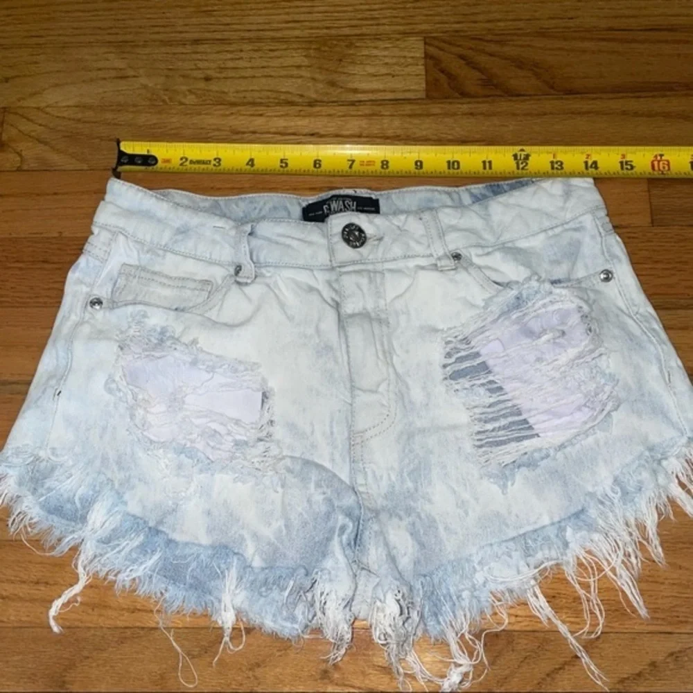 Light wash jean denim cutoff /Distressed Rewash Jean Shorts/frayed denim shorts